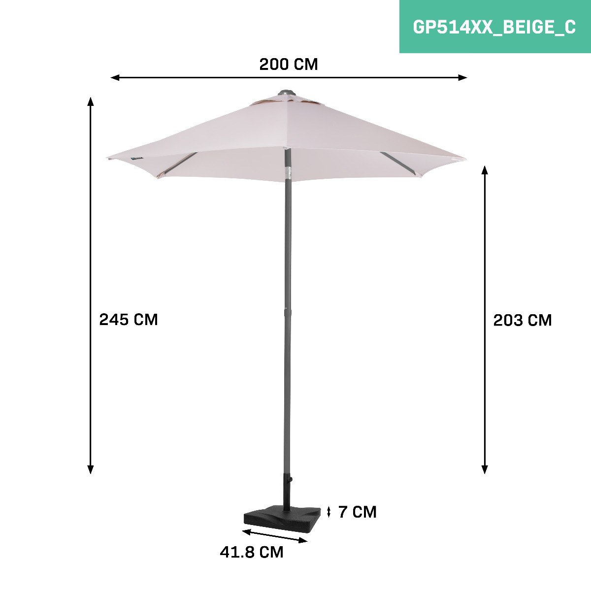 VONROC Torbole 200cm Premium parasol met voet - White