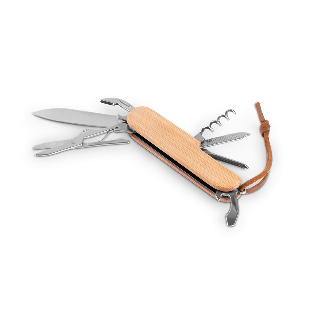 hi!dea 94366 - Couteau de poche multifonctionnel en bambou et acier inoxydable avec manche en PU