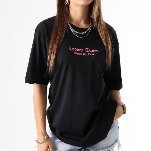 Tee Shirt Oversize Large Femme Angry Taz Noir Rose Fluo