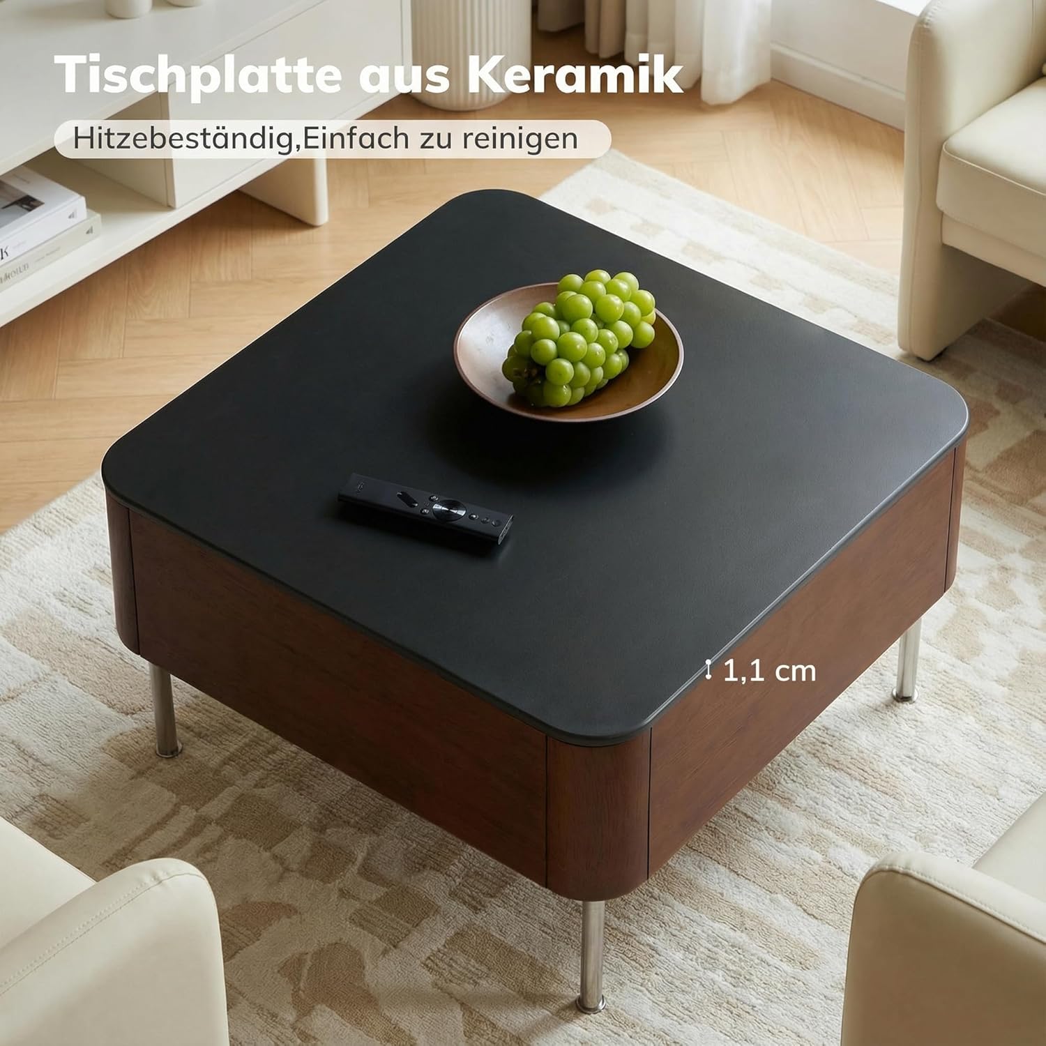YESWOOD Massivholz Couchtisch 2 Set mit großem Stauraum, quadratischer Beistelltisch 2er Set, Kombinierbar, im Bauhaus-Stil, Tischplatte aus Keramik, für Wohnzimmer, Gummiholz in Teakholzfarbe