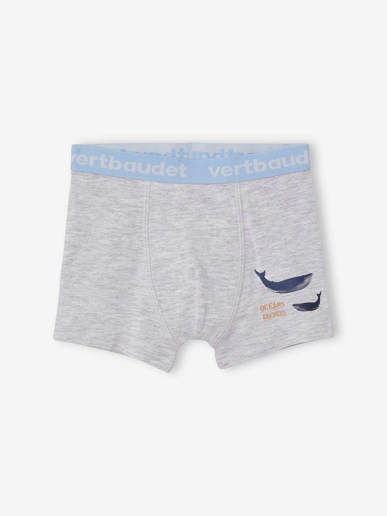 Conjunto de 5 cuecas boxer elásticas, com estampa de baleias e certificação Oeko-Tex®, para meninos, na cor azul claro.