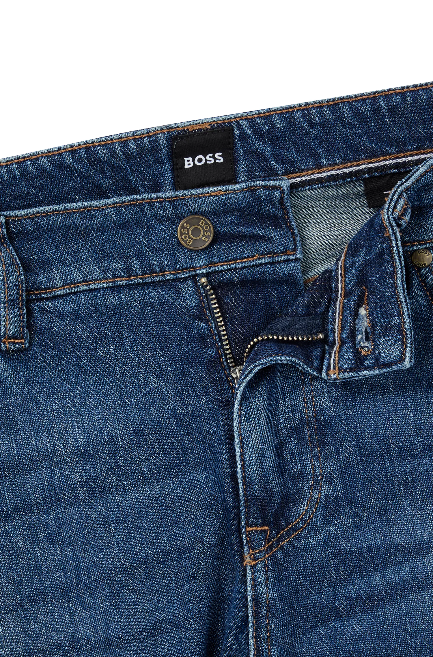 Calça jeans BOSS preta, corte regular, em denim azul confortável e elástico.