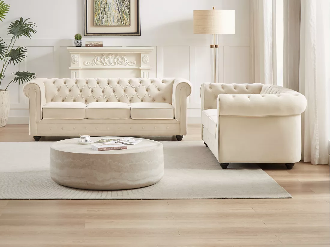 Canapé 3 places et 2 places en velours beige CHESTERFIELD
