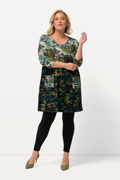 Longshirt, Patchlook, A-Linie, Rundhals, 3/4-Arm