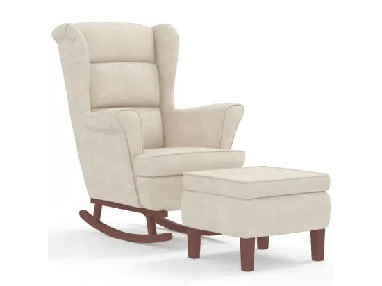 Chaise à bascule avec pieds en bois et tabouret Crème Velours