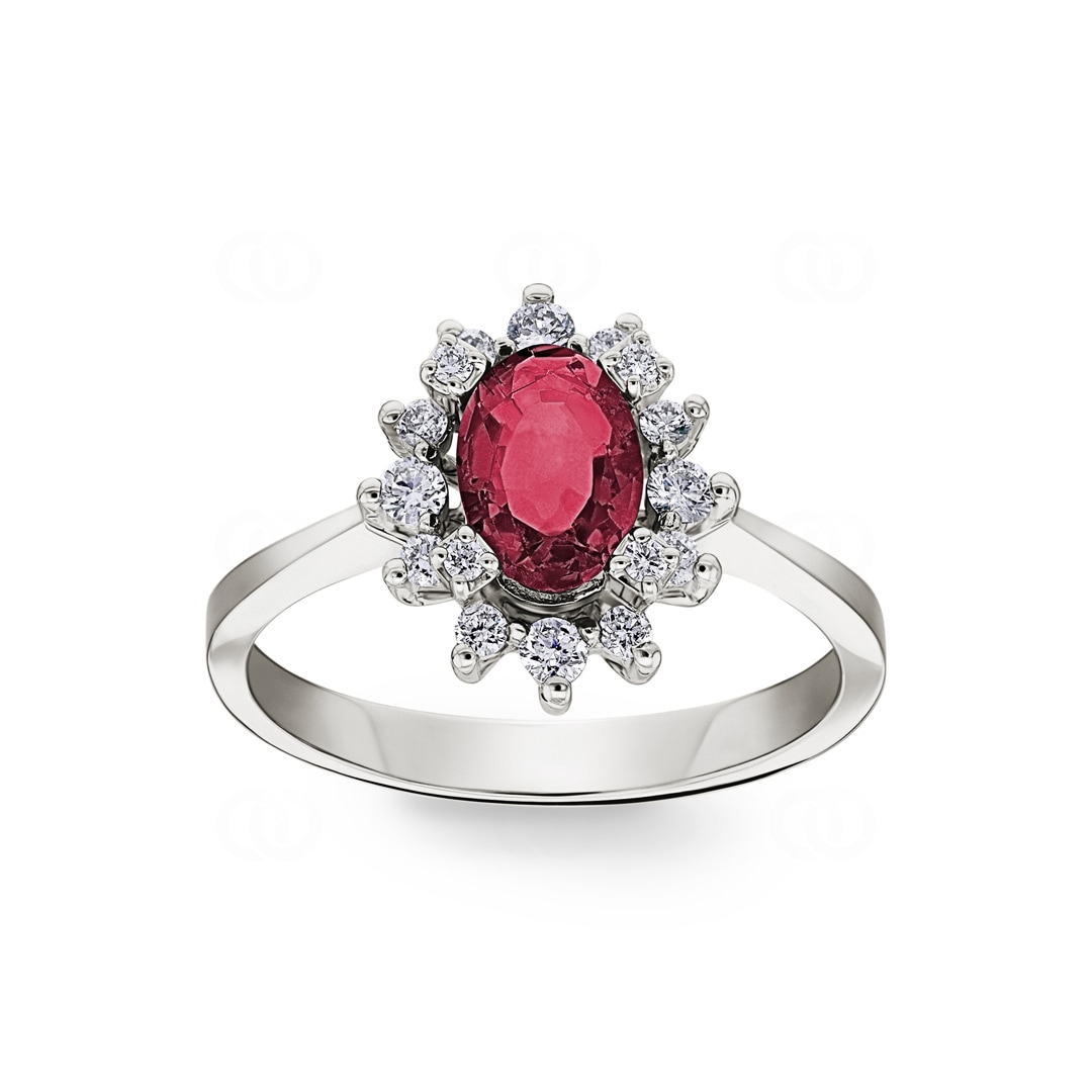 Damenring 750/18 K Weissgold mit Diamanten 0.22 ct H/si & Rubin 1.23 ct