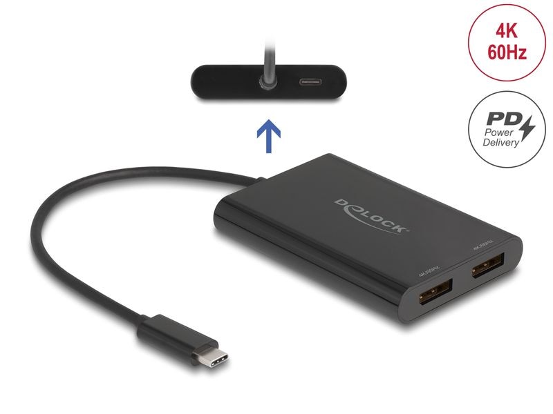 Delock Multiadapter USB-C zu 2 x DisplayPort 4K 60Hz Schwar Delock Adapter USB Type-C zu 2 x DisplayPort 4K 60 Hz mit DisplayLink Grafik und USB PD
