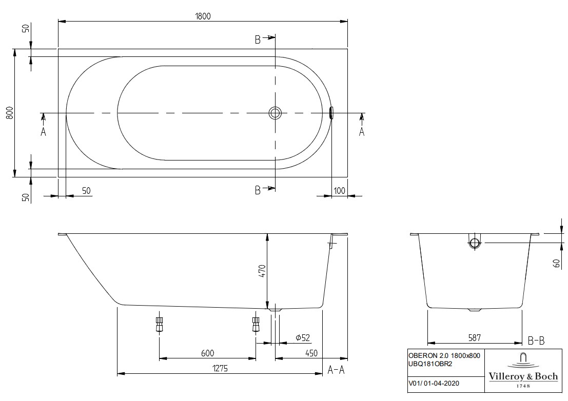 Villeroy & Boch Oberon 2.0 inbouw ligbad 180x80cm wit rechthoekig