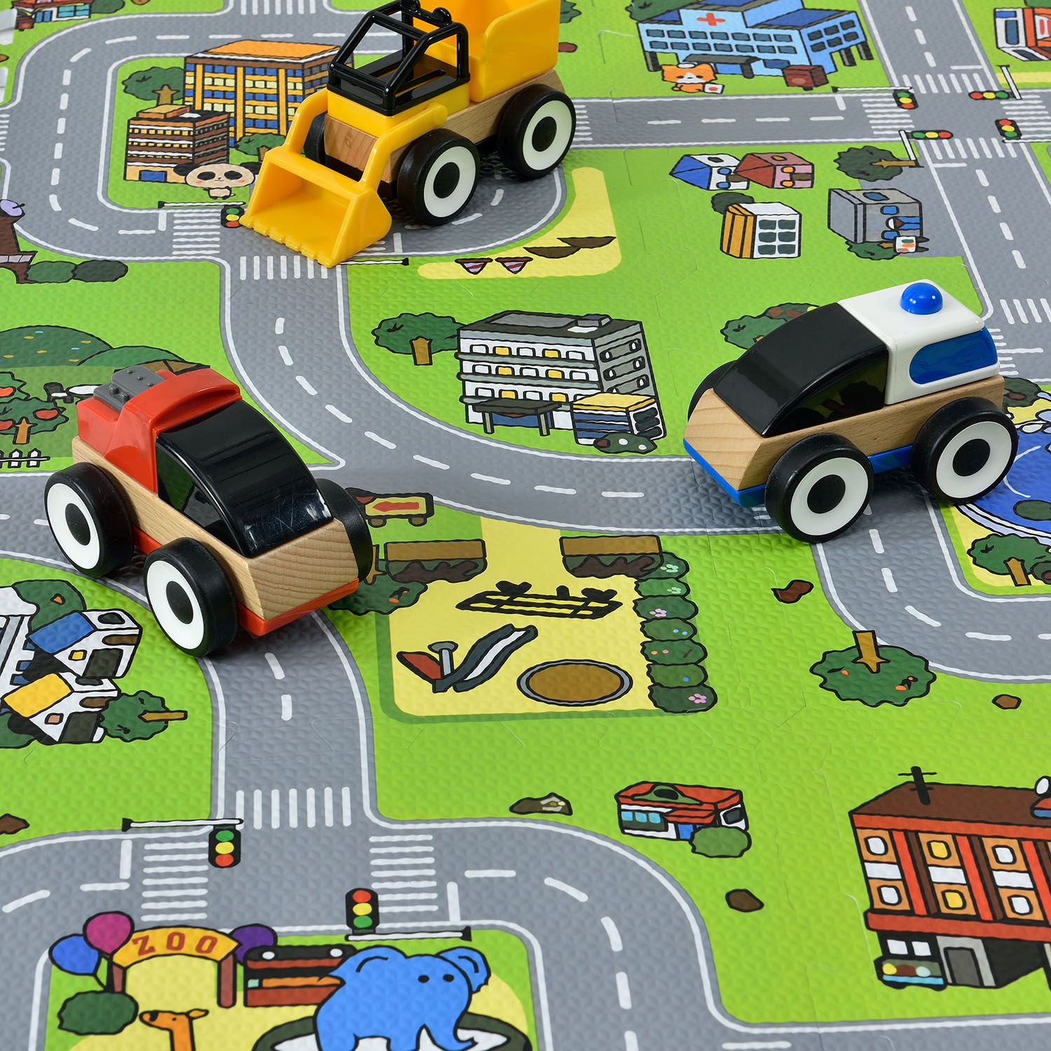Juskys Kinder Puzzlematte Jascha 9 Teile - Stadt & Straßen – rutschfest – Spielmatte ab 10 Monate