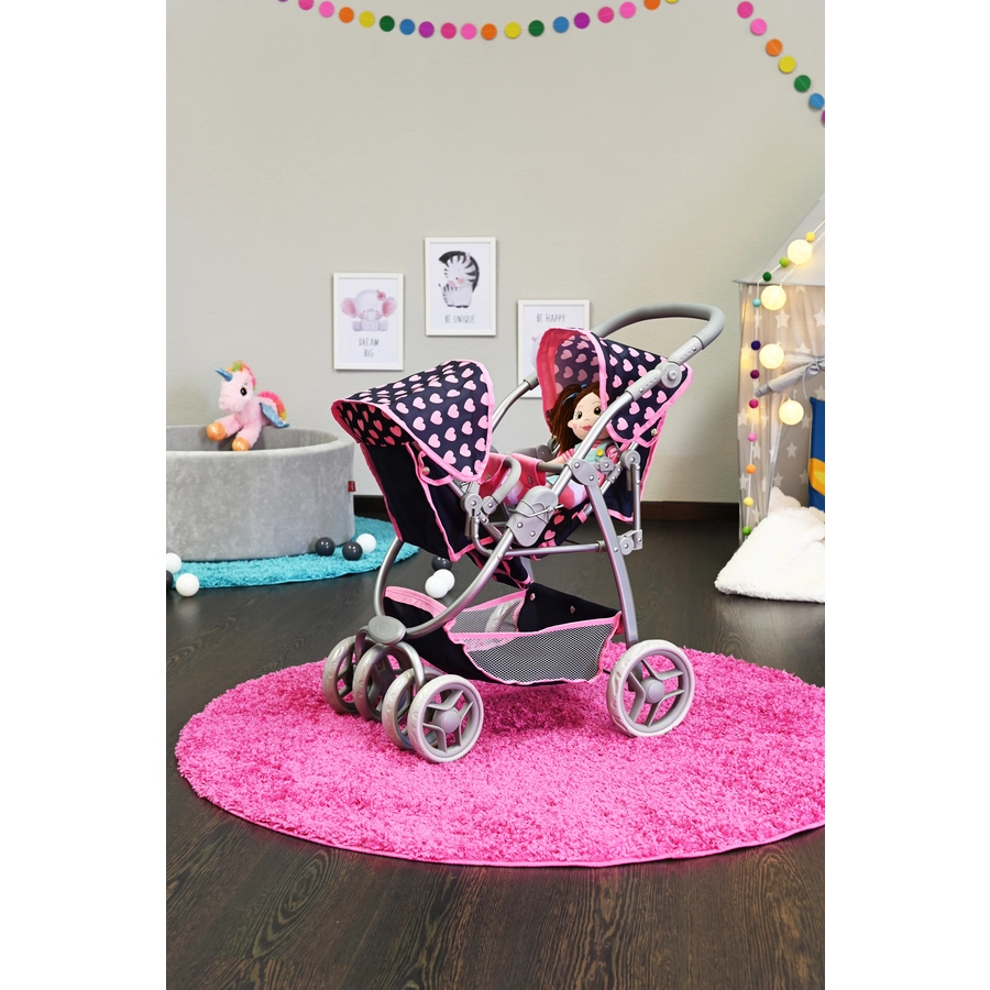 knorr toys® Zwillingspuppenwagen Milo - Pink Hearts blau