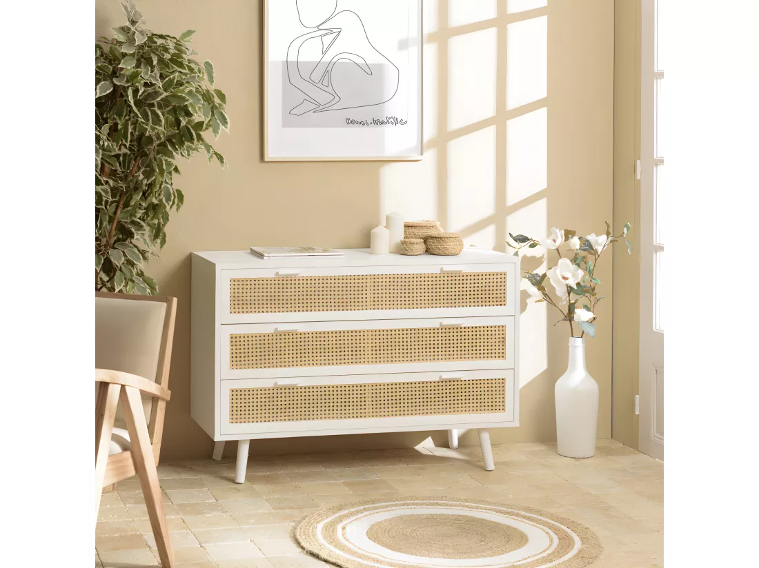 SANDRO - Commode blanche 3 tiroirs cannage naturel