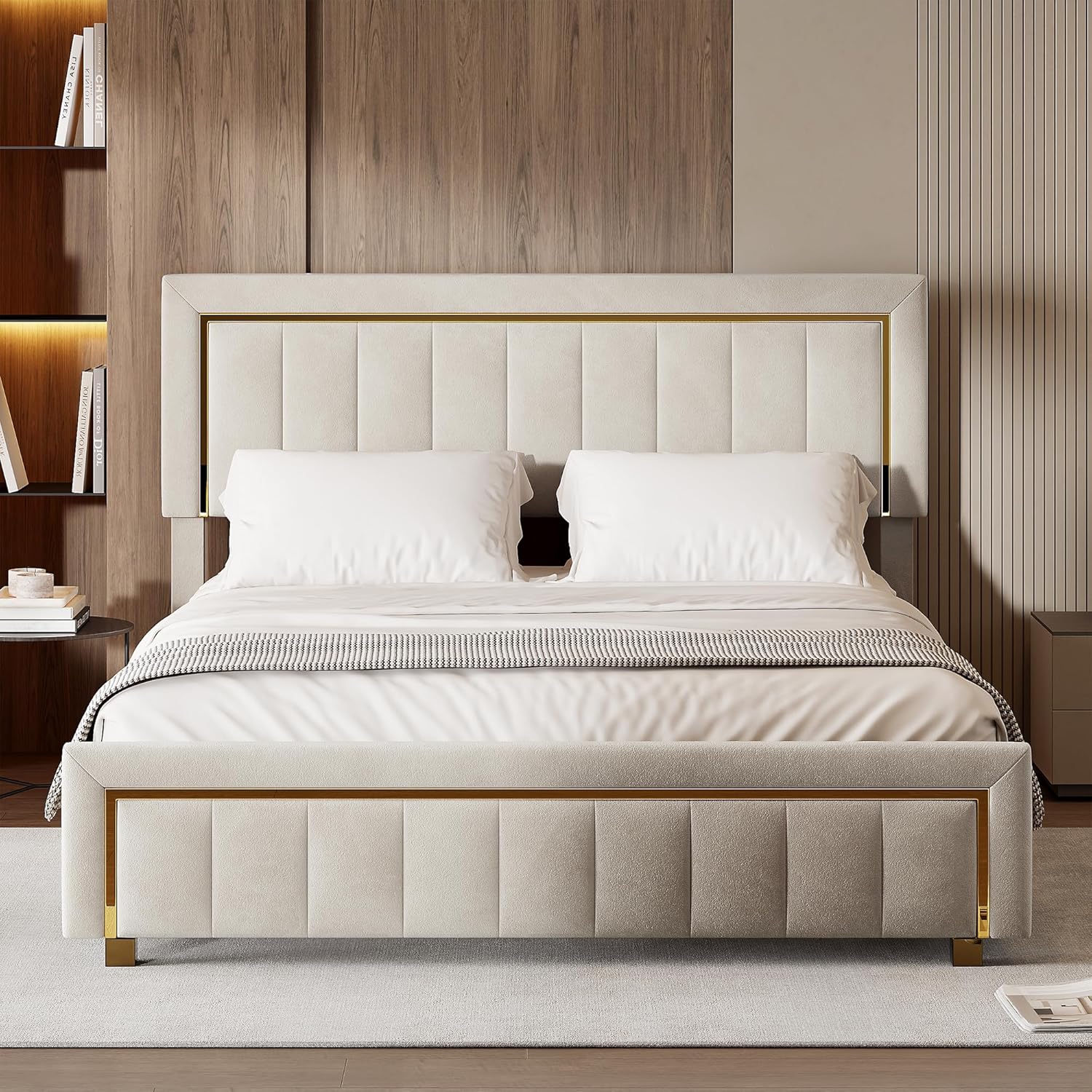 Polsterbett Doppelbett 140 x 200 cm, Gepolstertes bett mit Stauraum, Hydraulikmechanismus & Eleganten goldenen Akzenten, Perfekt für stilvolle Schlafzimmer, Samt, ohne Matratze (Beige, 140x200cm)