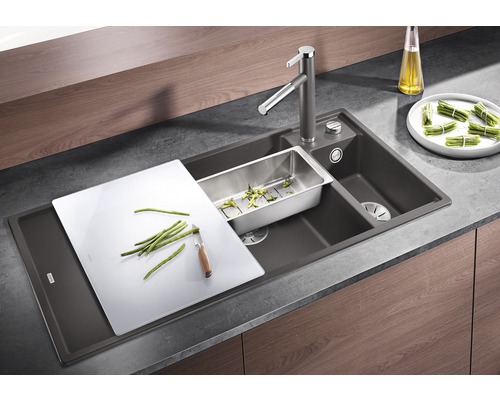 Blanco AXIA III 6 S spoelbak, 1000 x 510 mm, rotsgrijs, 523473, 1 bak, bak rechts, met bijzetbak en afdruiprek