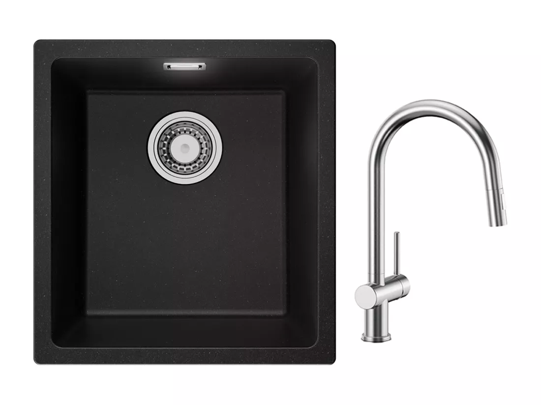 CECIPA MAX Evier 1 Bac en Quartz et Résine Noir Gris 40*44*20cm + Mitigeur de Cuisine avec Douchette Extractible Brossé