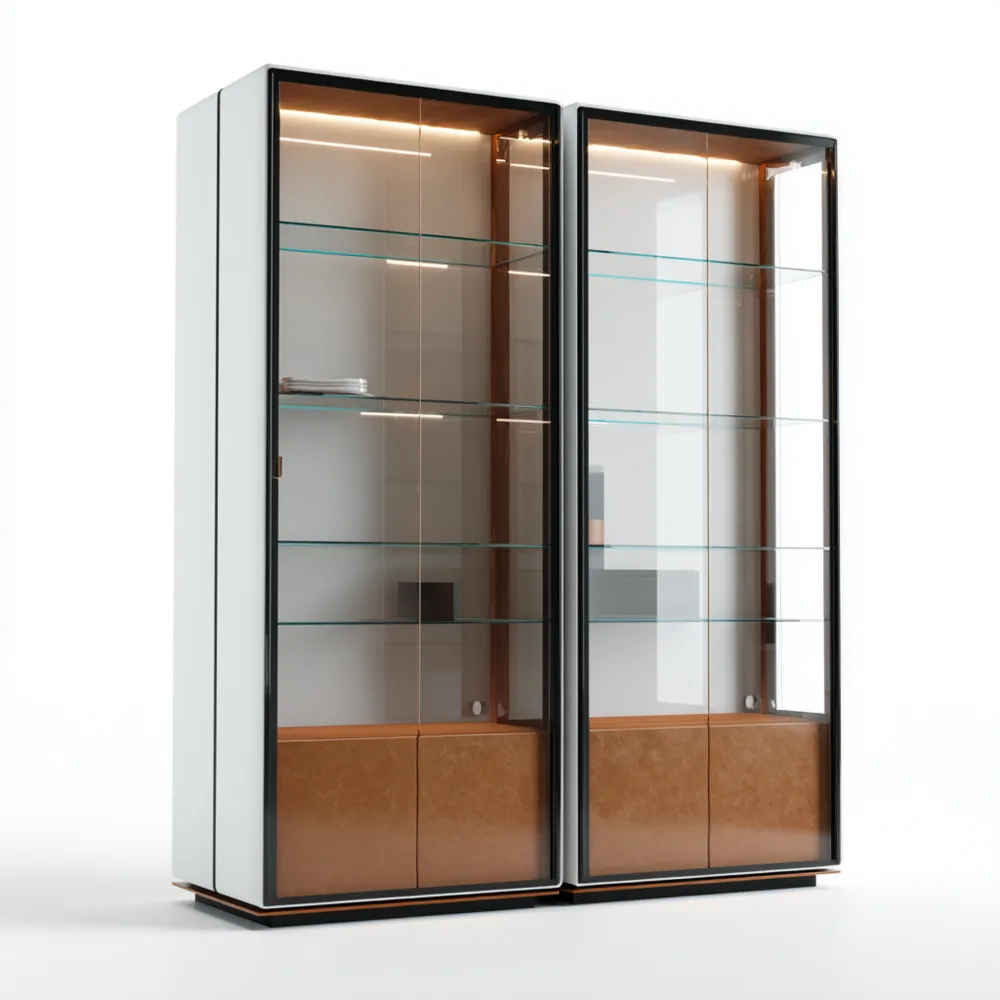 Moderne Vitrine aus Glas und Holz 200x90x40 cm - Weiß/Braun