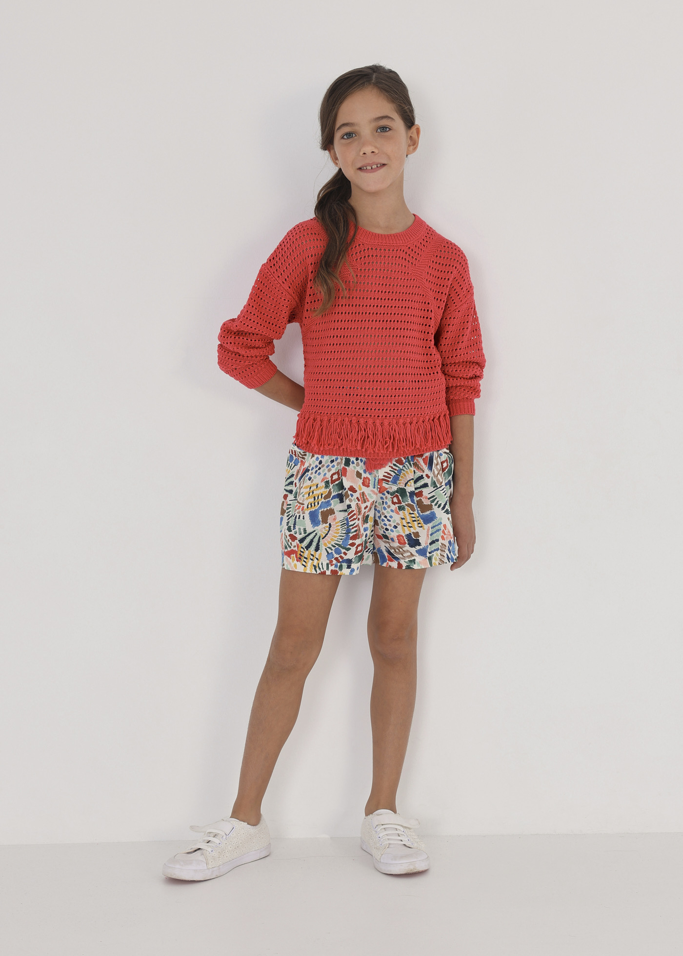 Blusa de malha jersey com apliques de franjas para meninas