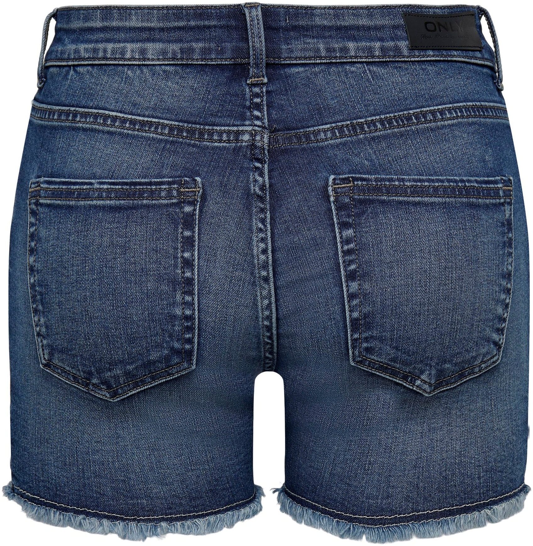 ONLY Jeansshorts »ONLBLUSH – Jeansshorts mit fransigem Saum«, Abriebeffekte, modisch, skinny fit, Rundhals, regular fit