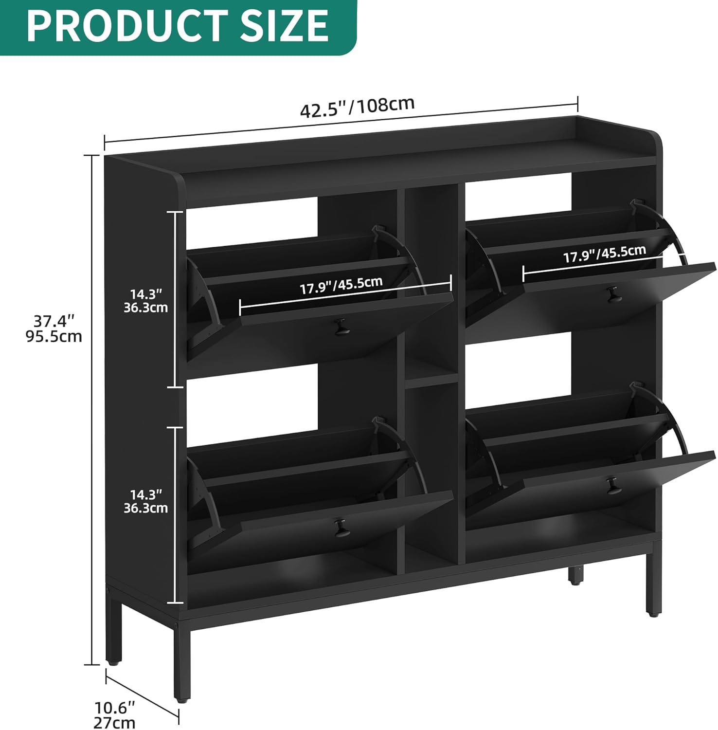 YITAHOME Schuhschrank Schmal mit 4 Klappen, 108 x 27.5 x 95.5 cm für 16 Paar Schuhe mit 2 Offene Regale, Schuhschrank Schwarz, Schuhkipper, Schrank Flur Schuhkommode im Flur, Platzsparend