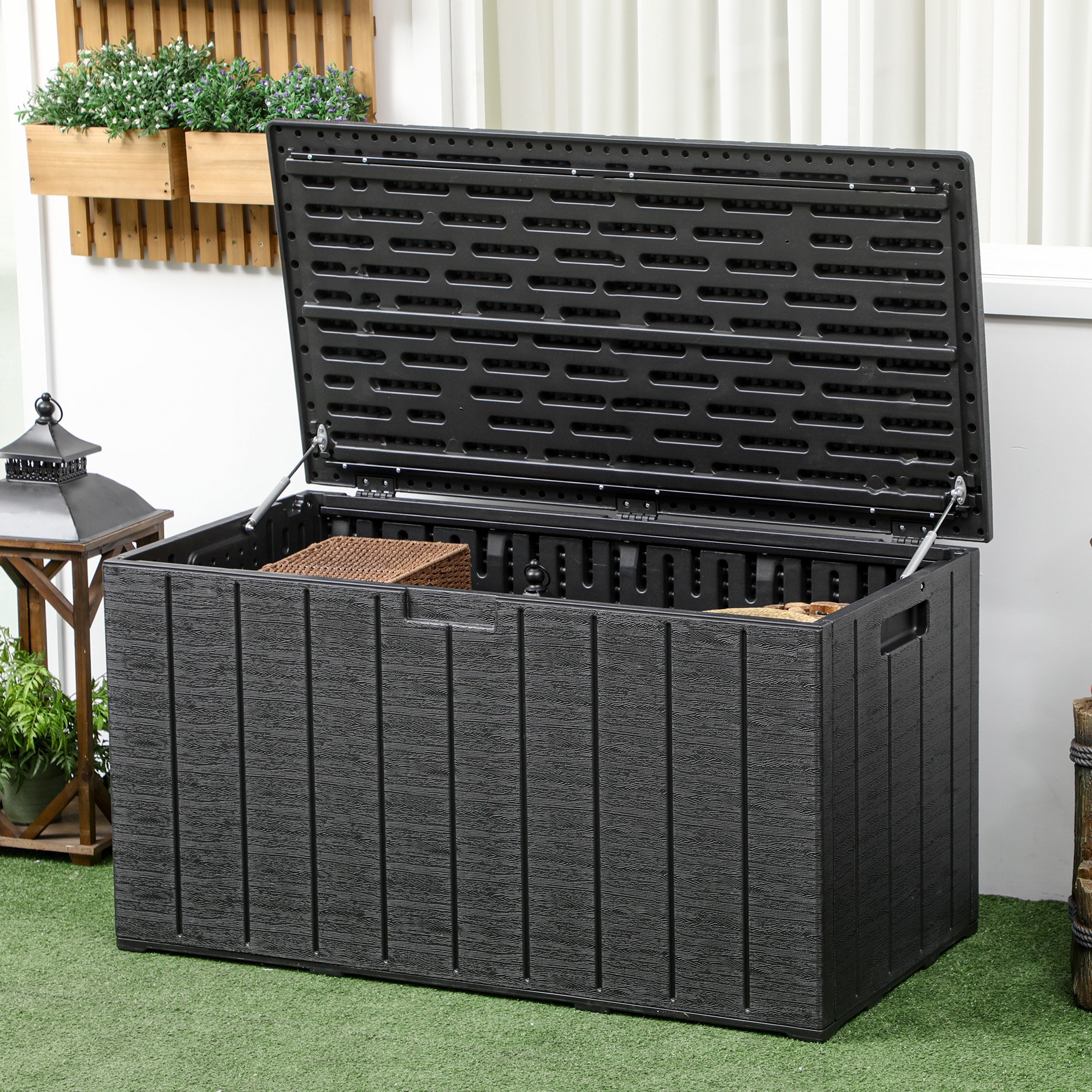 Baú de armazenamento externo Outsunny 366L, baú de jardim de plástico com parede dupla, rodas e alças para pátio, capacidade de carga de 100 kg, 122,4 x 62 x 64,5 cm, preto
