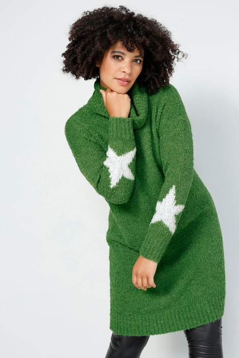 Long-Pullover, Bouclé-Strick, Sterne, Rollkragen, Langarm
