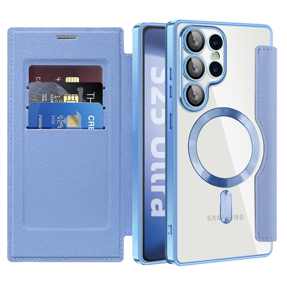 Samsung Galaxy S25 Ultra Hybrid Leder Tasche   Kunststoff Rückseite MagSafe-Modul (RFID Schutz) - Blau / Transparent