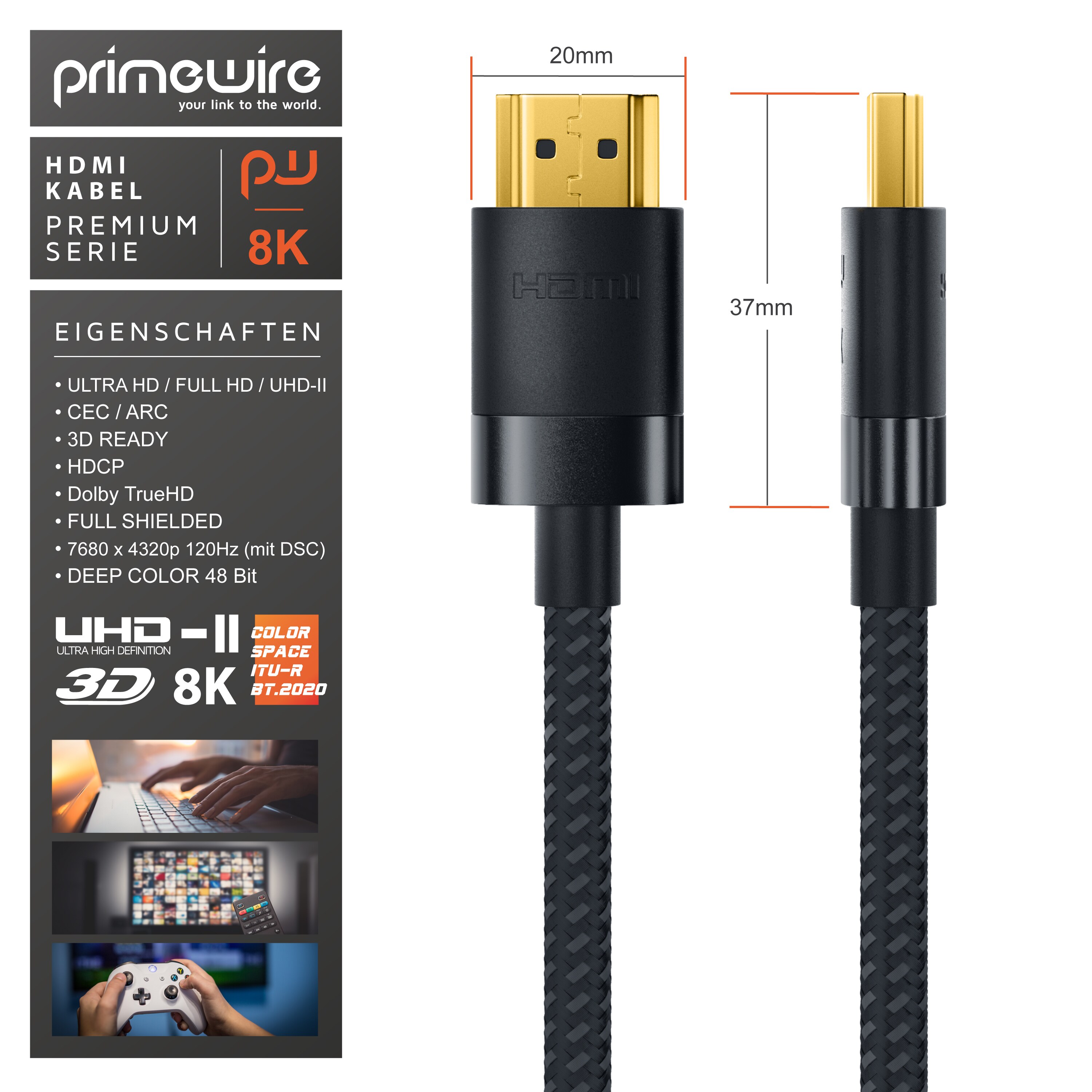 Primewire - 0,5m High Speed 8K HDMI Kabel mit Ethernet ARC 3D 4K Ultra HD 7680x4320 @ 120 Hz PS4 360 TV OLED PC Laptop Beamer Monitor - Schwarz