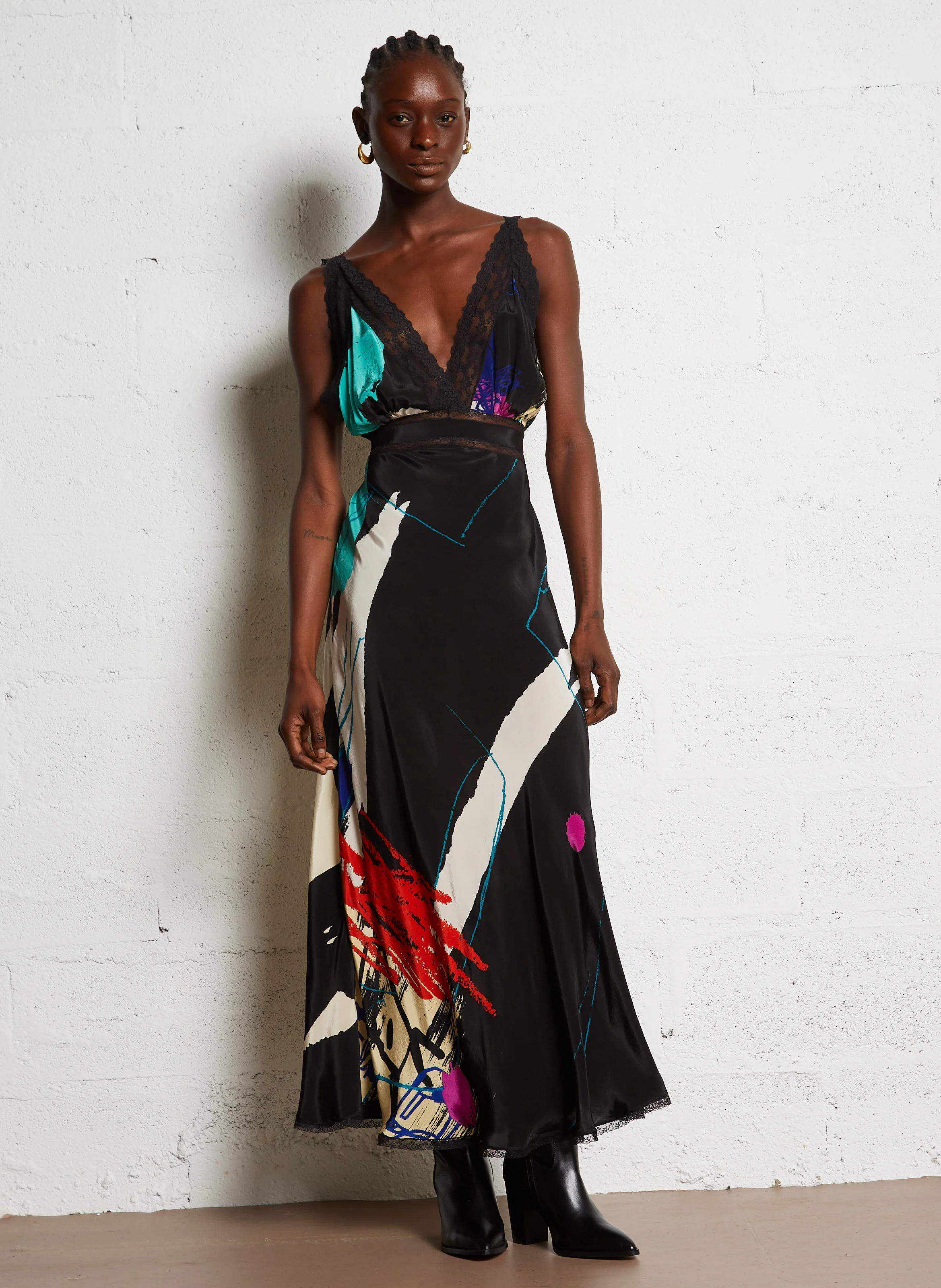 MALI - Robe longue droite à col V | Multicolore