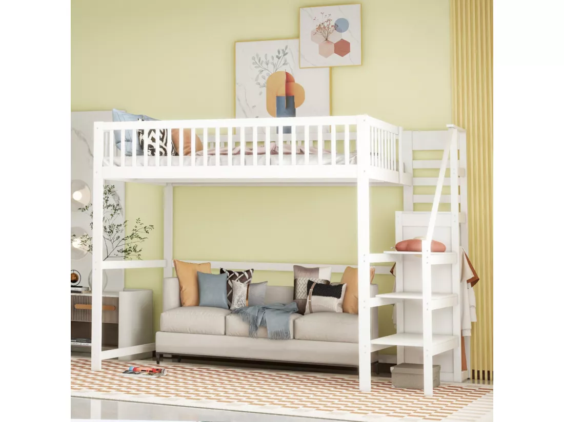 Lit mezzanine 140x200cm - lit enfant avec escalier avec armoir, sommier à lattes, antichute - blanc