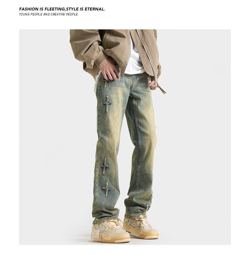 FOEV - Mid Rise Cross Applique Washed Loose Fit Jeans