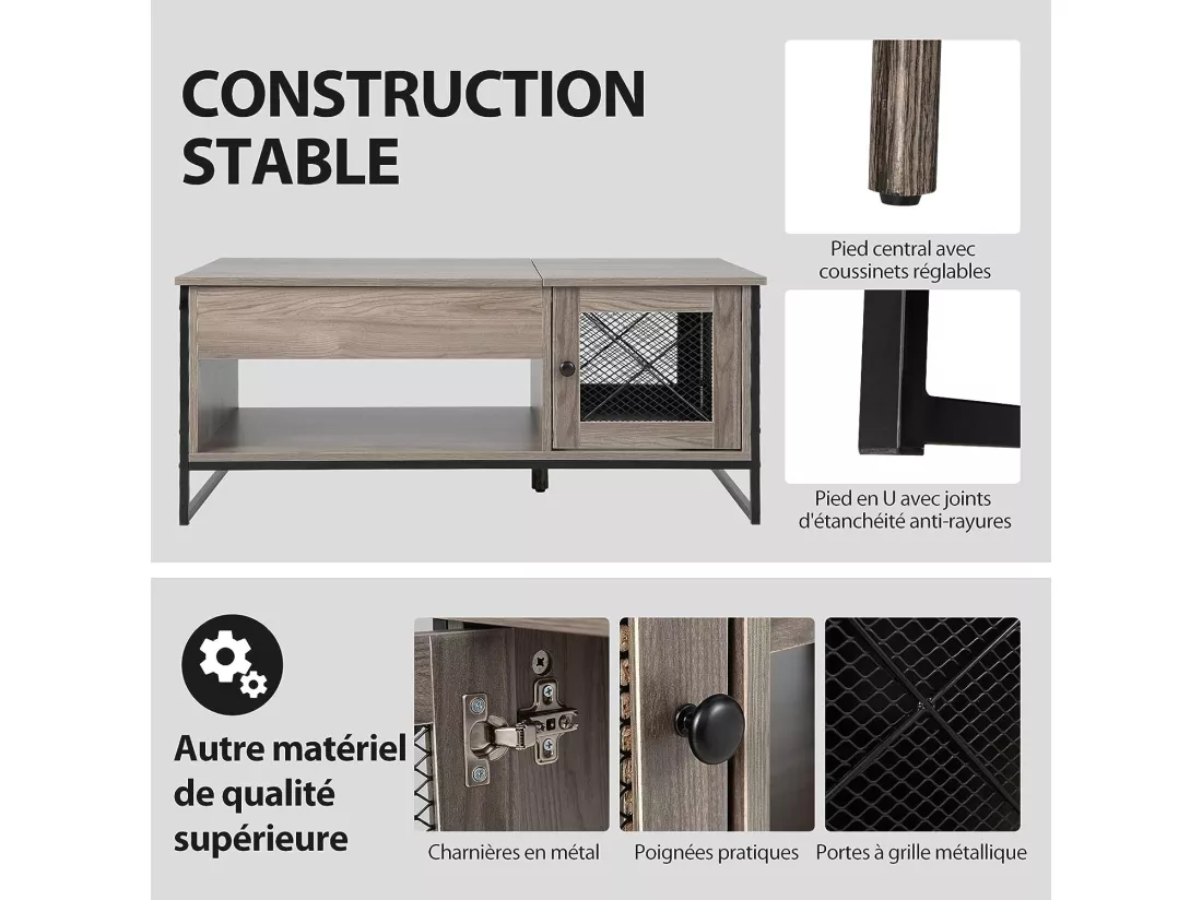 Table Basse Relevable avec 1 Compartiment Ouvert et Placard à 2 Portes, Table Basse Transformable avec Cadre en Métal pour Salon Bureau Chambre, 104x52,5x44,5CM