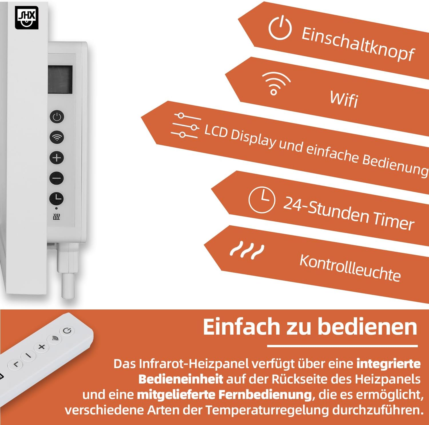 SHX Infrarot-Heizpaneel mit WiFi 700W SHXA700-WiFi – 700 Watt, 7-14m², Wandmontage, WiFi, Fernbedienung, weiß