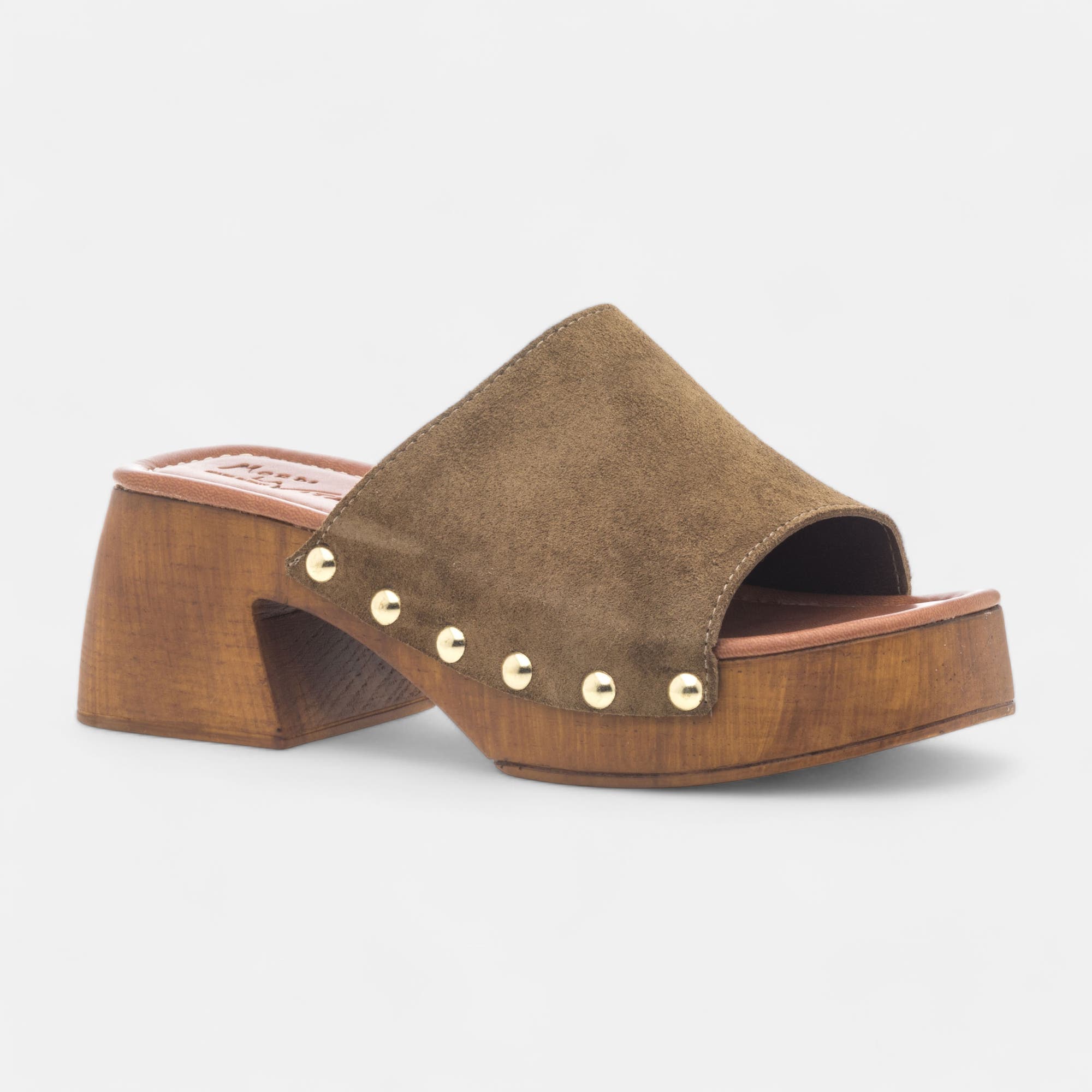Chaussures semelle bois à talon compensé Femme en cuir kaki