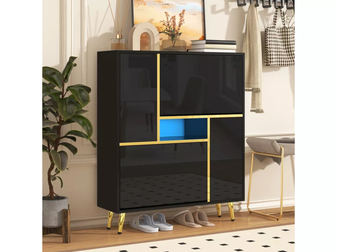 Armoire à Chaussures Moderne avec Lumière LED 16 Couleurs et Façade Haute Brillance, Noir, Design Élégant (80 x 25 x 96 cm)