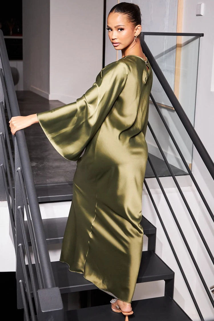 Robe ample satinée kaki