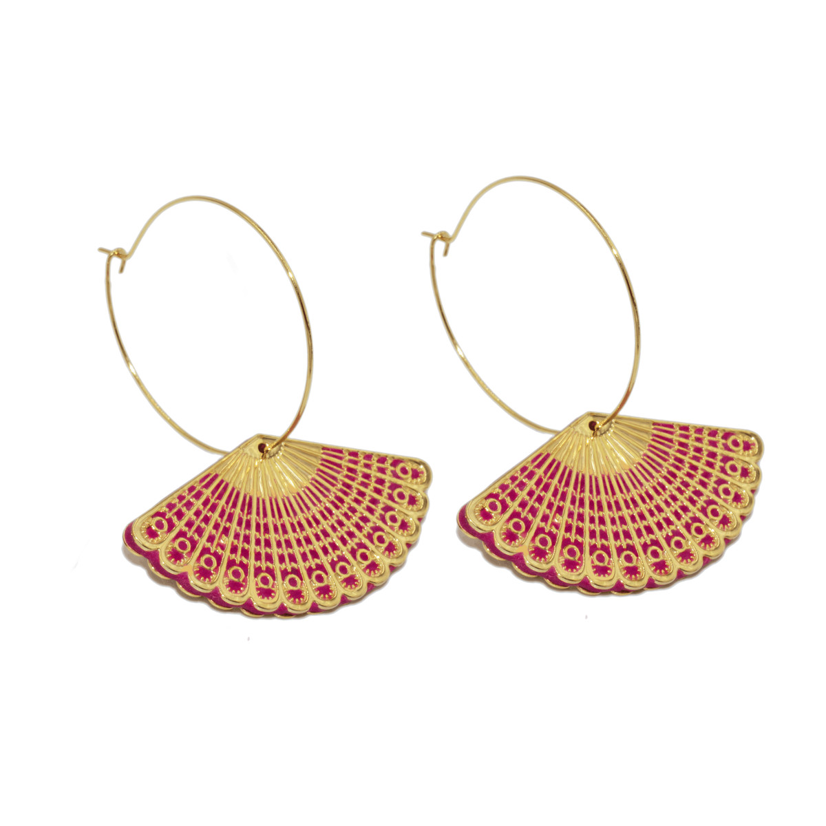 Boucles d'oreilles créoles avec médaille éventail colorée doré à l 'or fin