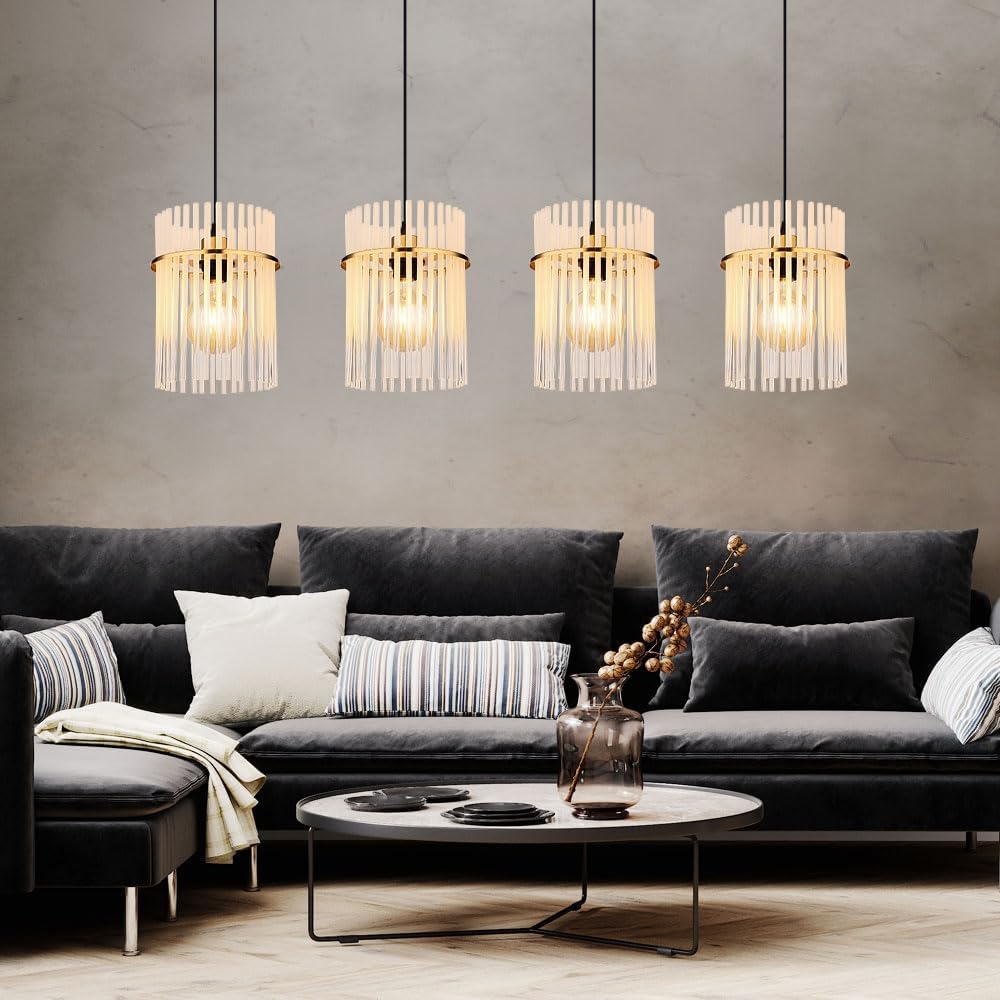 Globo Pendelleuchte in Gold mit vier Glas Lampenschirmen, Breite 110cm