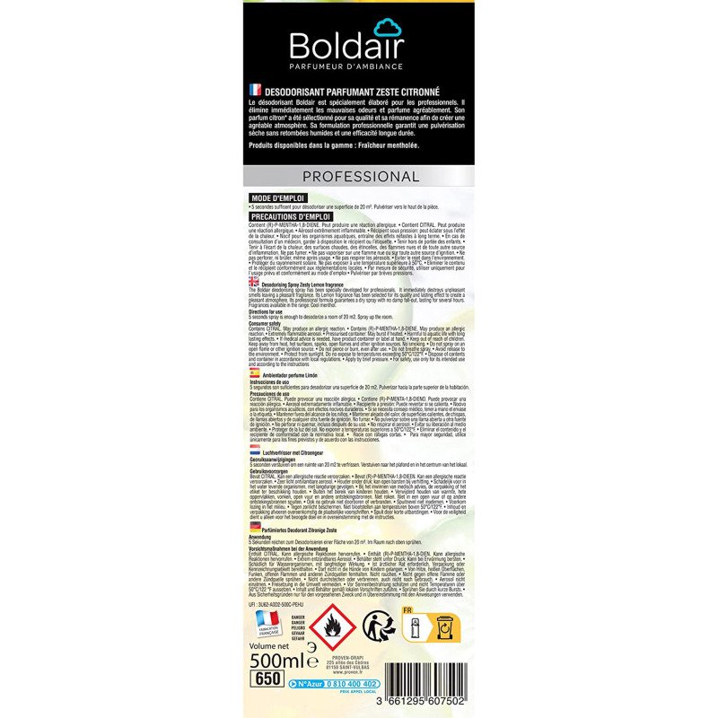 Désodorisant classique Boldair zeste citronné - Aérosol 500 ml
