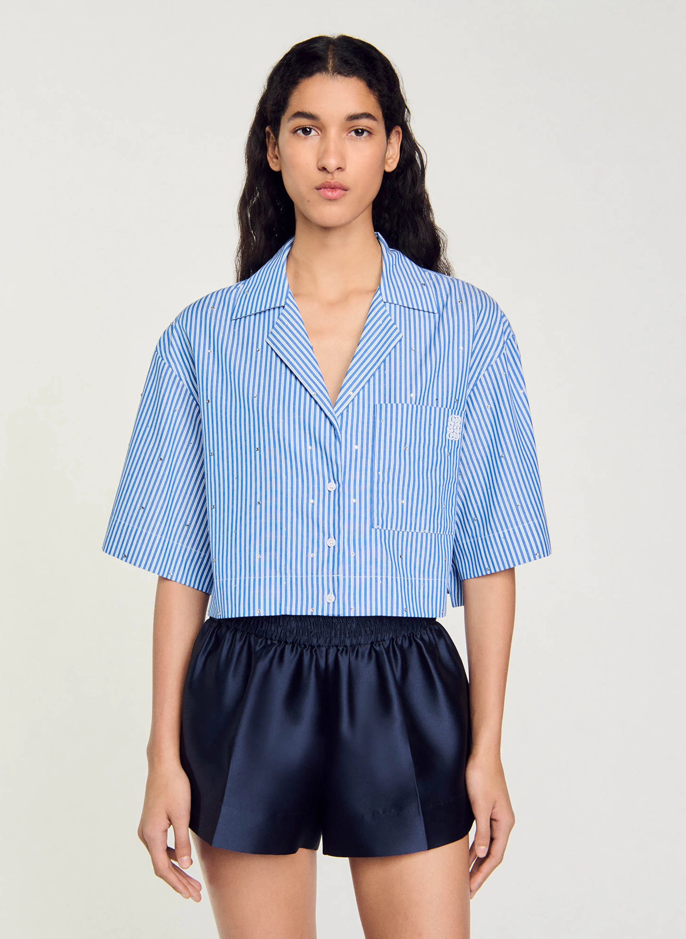 Chemise col à revers rayée en coton | Bleu