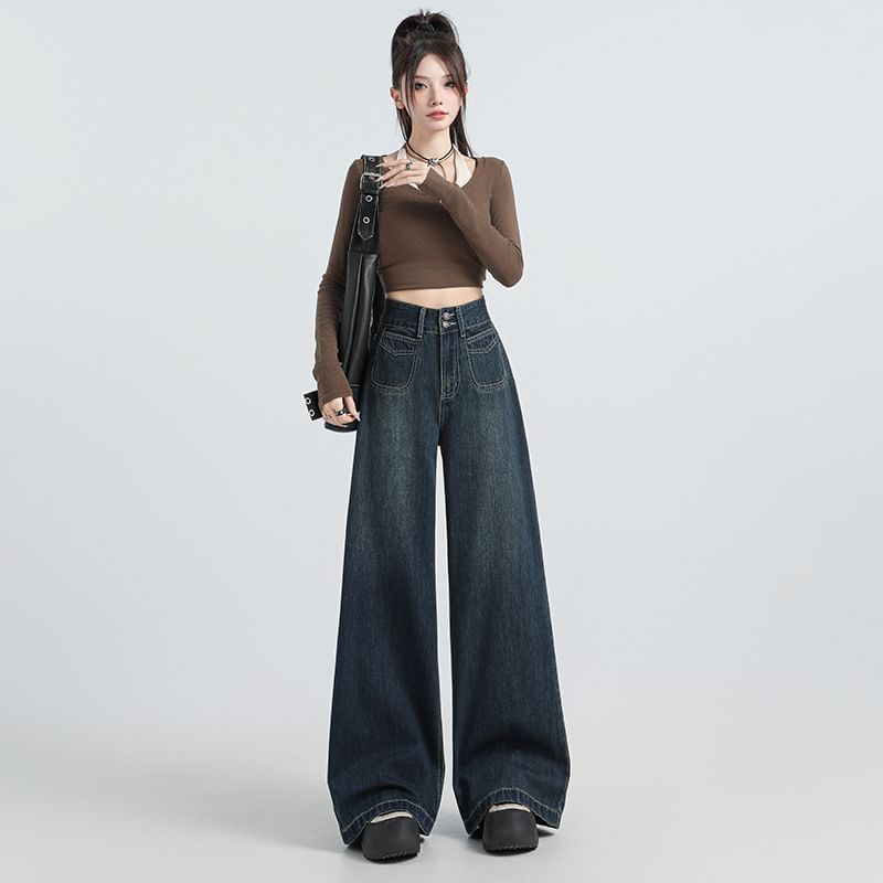 Denimot - High Rise Washed Wide Leg Jeans (diverse designs)