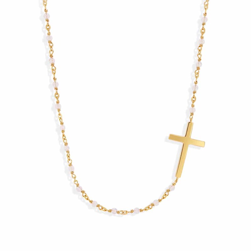 Collier Argent Doré  Croix Et Pierre De Lune