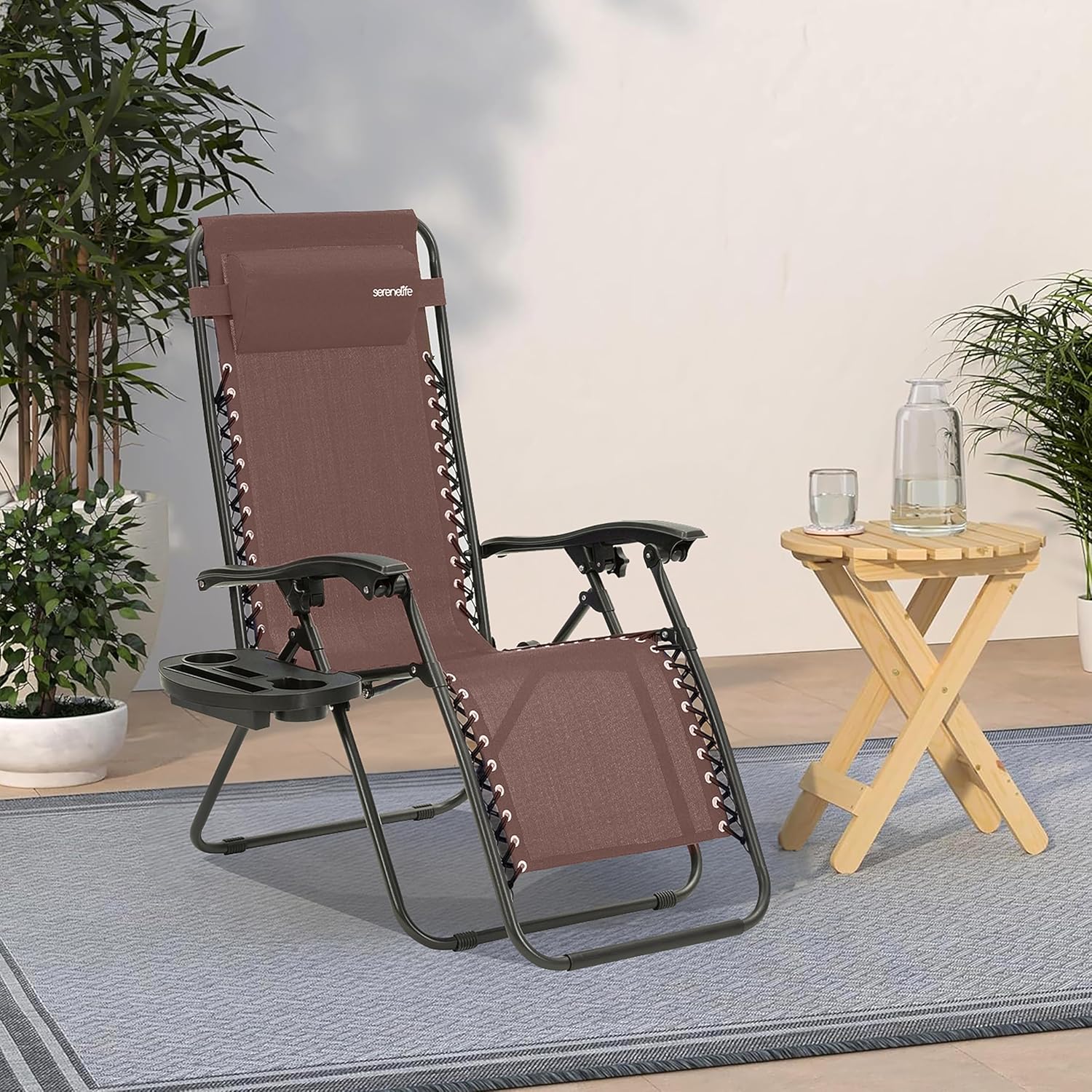SereneLife Sonnenliege 2er Set Braun – Klappbare Relaxliegen mit Zero Gravity, wetterfest & faltbar, ideal für Garten, Balkon & Camping