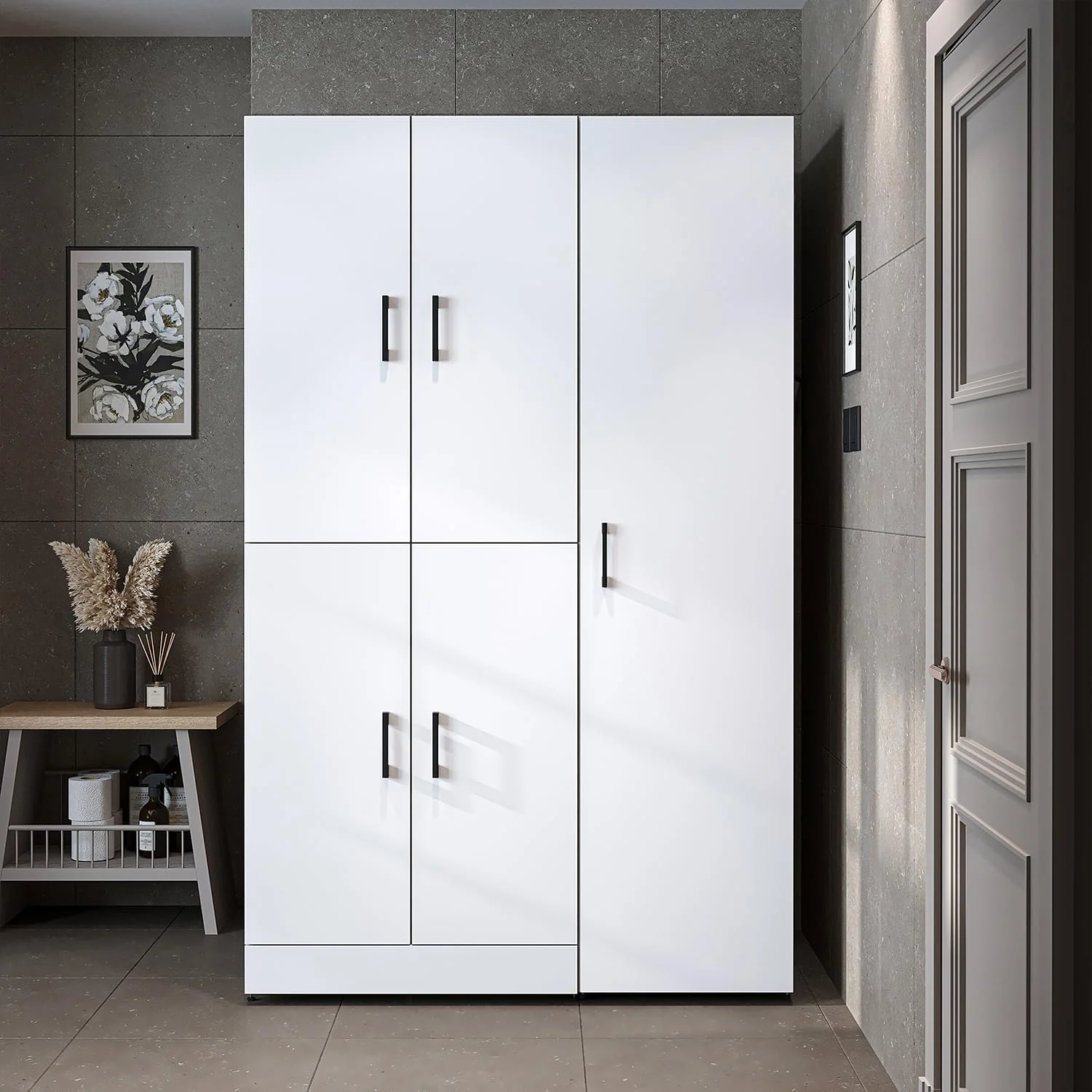 ROOMART Dora - Armoire de machine à laver - Pour sèche-linge et machine à laver - En 4 couleurs - Avec portes et panneau coulissant - Blanc - Chêne blanc - Chêne anthracite - Chêne blanc (chêne blanc)