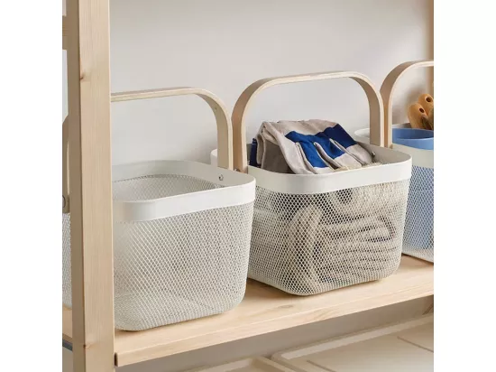 Lot de 6 panier de rangement, corbeille carrée avec anse, panier à mailles métalliques, panier à ustensiles coloris blanc - Longueur 24.5 x Profondeur 24.5 x Hauteur 17.5 cm