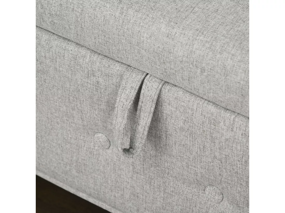 Banquette coffre de rangement 2 en 1 design Chesterfield accoudoirs courbés capitonnés piètement bois noir aspect lin gris