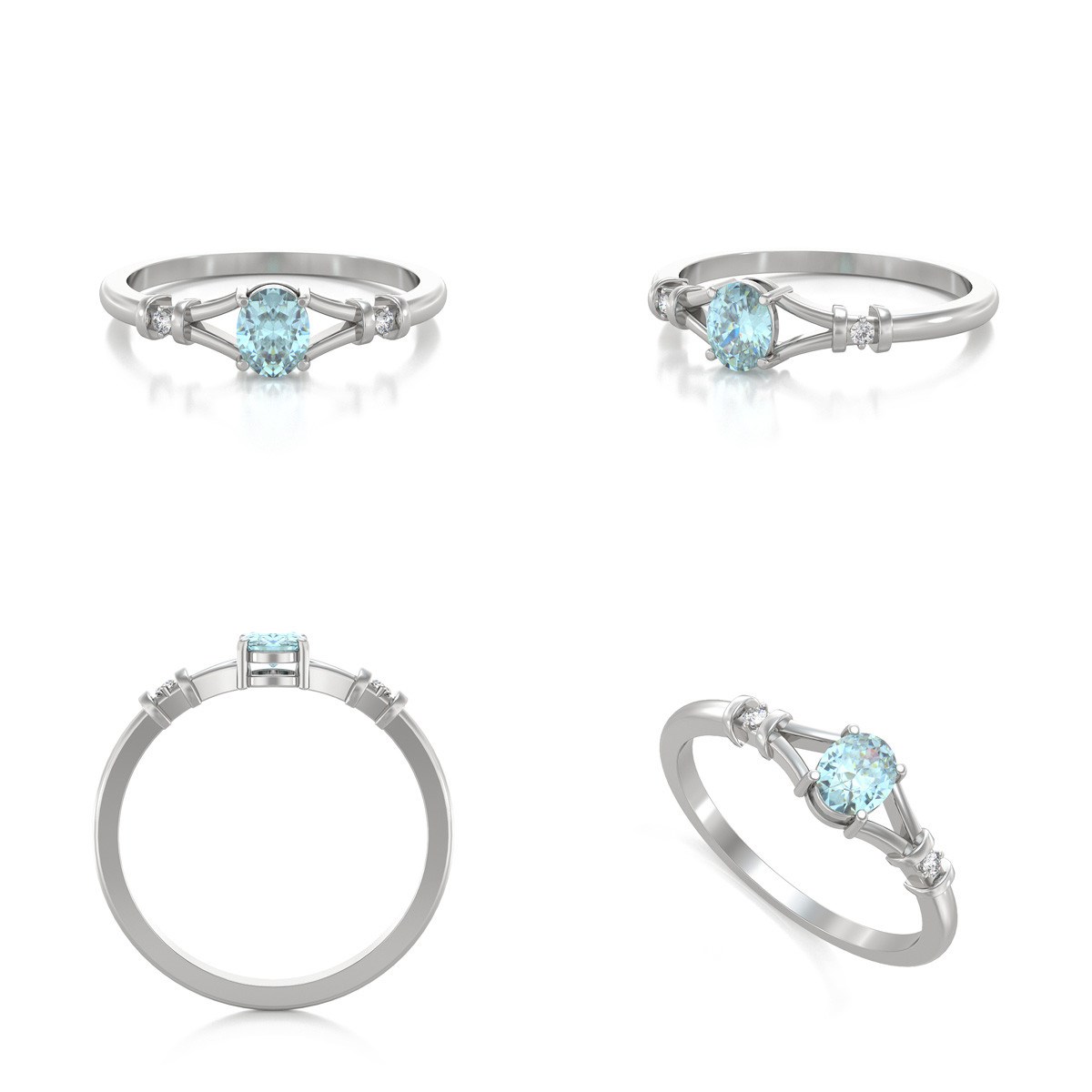 Bague ADEN Or 585 Blanc Solitaire Aigue-Marine et diamants 2.094grs