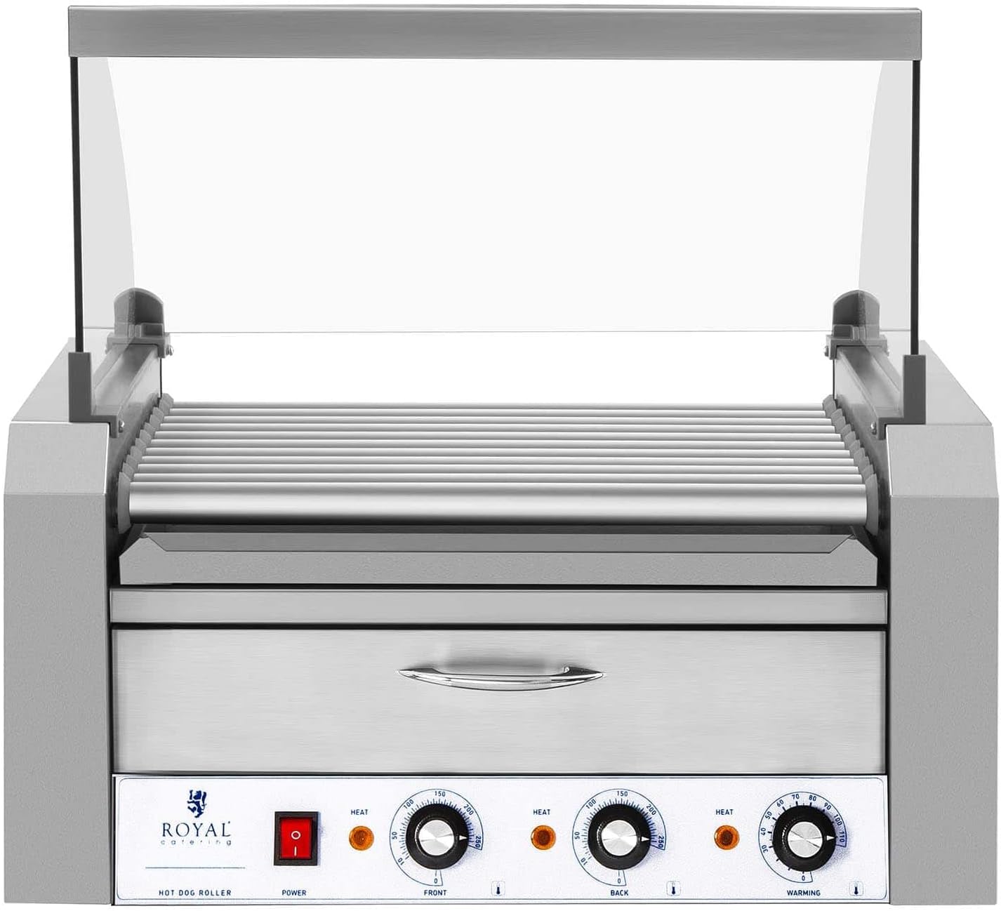 Royal Catering - Hot Dog Grill Hot Dog Maschine (11 Rollen, Edelstahl, 2.150 W, 2 Heizzonen, herausnehmbare Fettauffangschublade, Wärmeschublade, 20 Würstchen, mit Hartglasabdeckung)