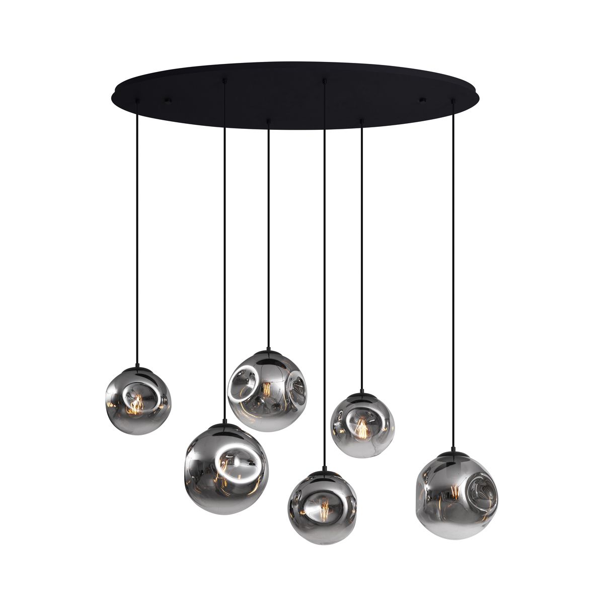 Art deco hanglamp zwart met ovale plafondplaat en smoke glas 6-lichts - Douglass