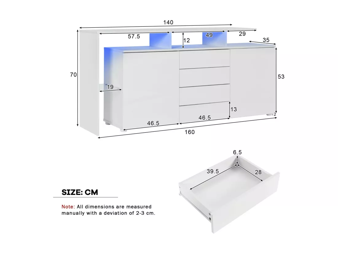 Buffet 2 portes 4 tiroirs et 1 étagère de verre, Meuble TV 160cm, avec LED, Panneau de particule, Blanc, 160x35x70cm