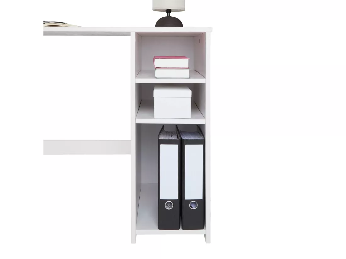 Bureau LIAM avec rangement caisson avec 2 étagères réglables en hauteur, en pin massif lasuré blanc