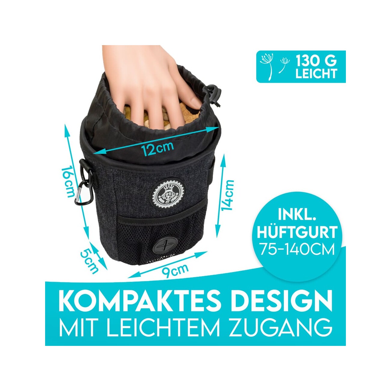 HUND IST KÖNIG kompakter Hunde Futterbeutel, robuste Leckerlitasche fürs Training & Gassigehen